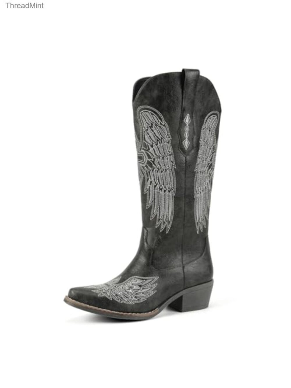 Faux Leather Mid Calf Cowgirl Boots with Angel Wings Embroidery & Chunky Heel,
